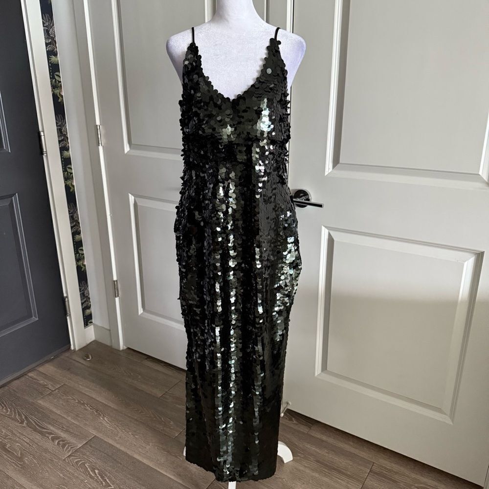 Free People Gorgeous Black and Deep Emerald Green Sequins Maxi Dress Size S